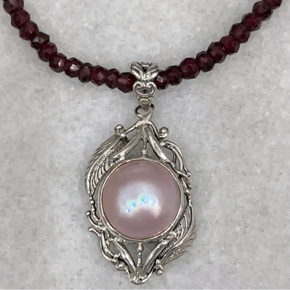 Mabe Pink Pearl Sterling Silver Openwork Leaf Pendant 20” Necklace - Picture 6 of 12